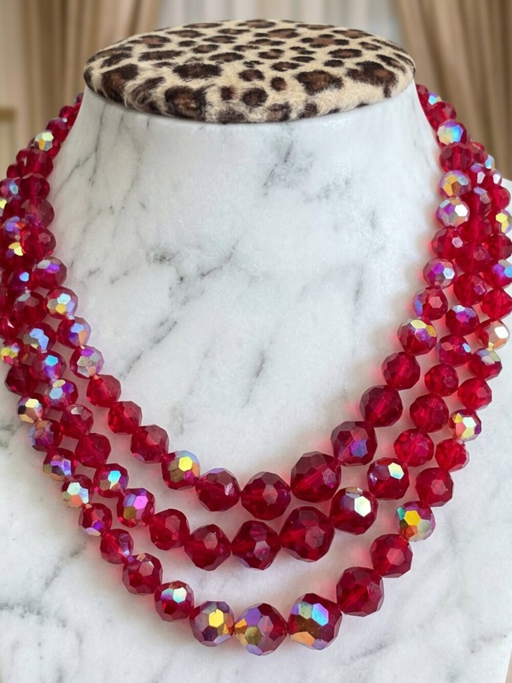 Vintage Ruby Cherry Red AB Crystal Glass triple Strand Necklace Faceted Beads